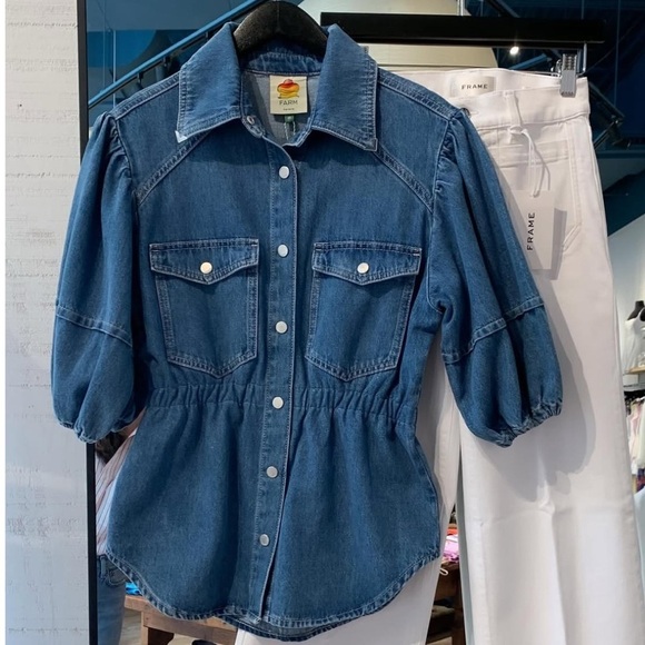 FARM RIO Denim Puff Sleeve Shirt M - Picture 2 of 8
